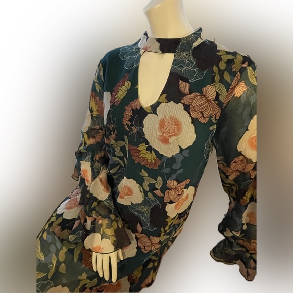 As U Wish Green and Pink Floral A-Line Dress with Ruffled Sleeves - Picture 2 of 11